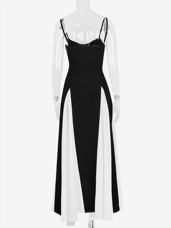 コントラストカラーのマキシドレス プリーツ Aライン スパゲッティストラップ パーティードレス レディース 2025