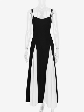 コントラストカラーのマキシドレス プリーツ Aライン スパゲッティストラップ パーティードレス レディース 2025