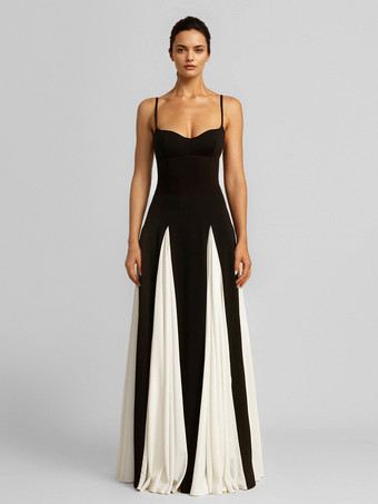 コントラストカラーのマキシドレス プリーツ Aライン スパゲッティストラップ パーティードレス レディース 2025