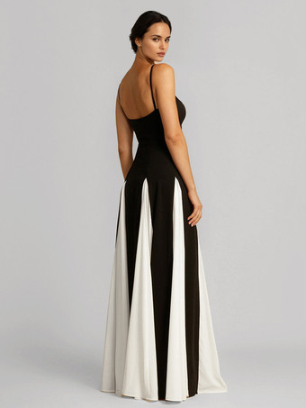 コントラストカラーのマキシドレス プリーツ Aライン スパゲッティストラップ パーティードレス レディース 2025