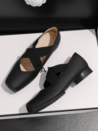 ブラック レディース バレエ フラット スクエアトゥ クリスクロス バレリーナ シューズ