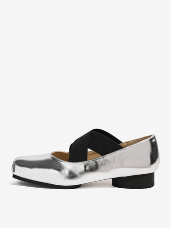 シルバー レディース バレエ フラット スクエアトゥ クリスクロス バレリーナ シューズ