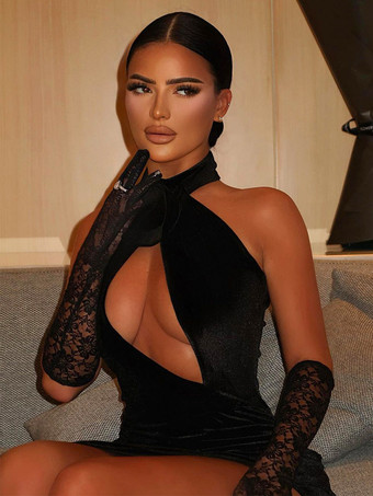 パーティードレス ホルター カットアウト サイドスリット アシンメトリー ロング ベロア ドレス