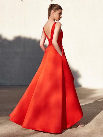 イブニングドレス Aライン Vネック フロアレングス ノースリーブ バックレス プリーツ サテン生地 フォーマル パーティードレス