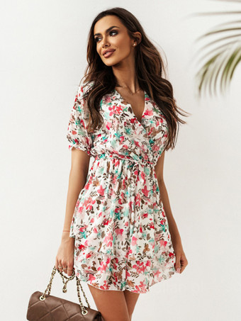 花柄ドレス Vネック ベルト付き レイヤード 夏 カジュアル ショートドレス