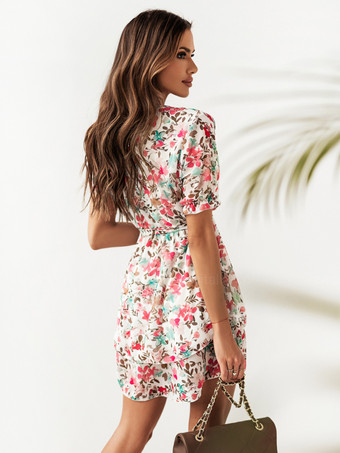 花柄ドレス Vネック ベルト付き レイヤード 夏 カジュアル ショートドレス