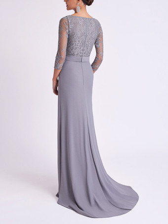 花嫁の母親のためのパーティードレス ジュエルネック 3/4 丈スリーブ マーメイドサッシュ 結婚式用ゲストドレス