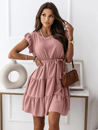 サマードレス ティアードフリル ベルト付き カジュアル ショートドレス 無地