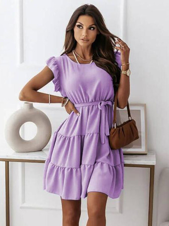 サマードレス ティアードフリル ベルト付き カジュアル ショートドレス 無地