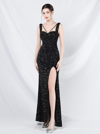 ブラック スパンコールドレスデザインネックラインバックレスハイスリットエレガントロングドレス