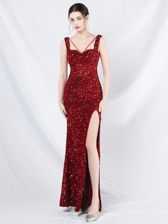 ワインレッド スパンコールドレスデザインネックラインバックレスハイスリットエレガントロングドレス