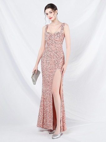 ピンクスパンコールドレスデザインネックラインバックレスハイスリットエレガントロングドレス