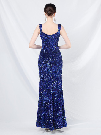 スパンコールドレスデザインネックラインバックレスハイスリットエレガントロングドレス