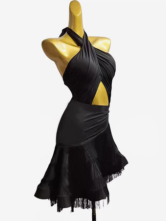 ラテンダンスコスチューム ブラック レディース ライクラ スパンデックス ドレス セクシー フリンジ ラテンダンサー ダンスウェア