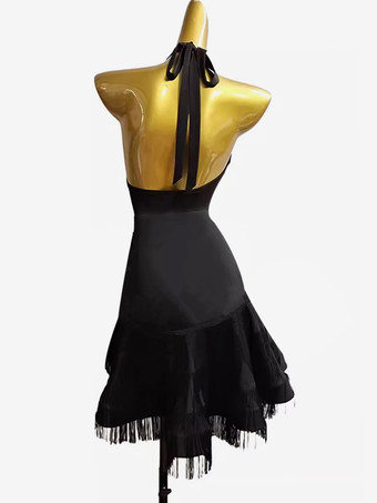 ラテンダンスコスチューム ブラック レディース ライクラ スパンデックス ドレス セクシー フリンジ ラテンダンサー ダンスウェア