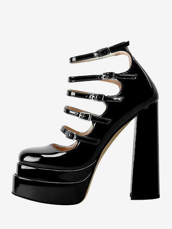 Black Women's Heel Sandals Round Toe Chunky Heel PU Leather Sandals