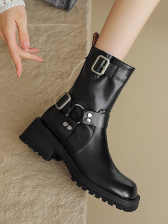 レディース アンクルブーツ ブラック バックル ブーティ PUレザー ラウンドトゥ パピーヒール