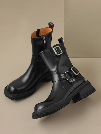 レディース アンクルブーツ ブラック バックル ブーティ PUレザー ラウンドトゥ パピーヒール