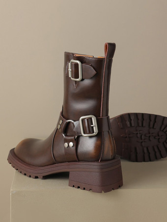 レディース アンクルブーツ ブラック バックル ブーティ PUレザー ラウンドトゥ パピーヒール