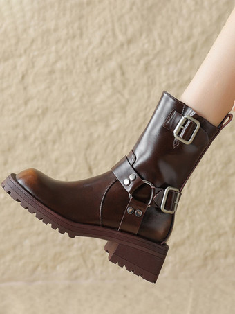 レディース アンクルブーツ ブラック バックル ブーティ PUレザー ラウンドトゥ パピーヒール