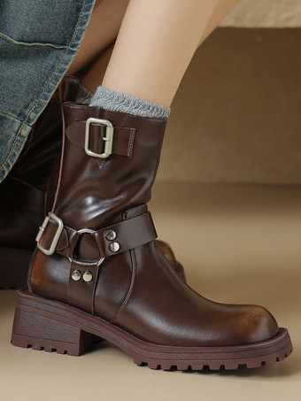 レディース アンクルブーツ ブラック バックル ブーティ PUレザー ラウンドトゥ パピーヒール