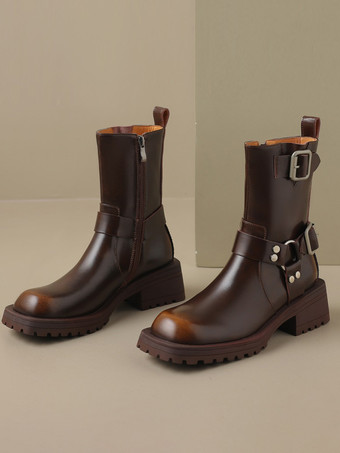 ブラウン レディース アンクルブーツ ブラック バックル ブーティ PUレザー ラウンドトゥ パピーヒール