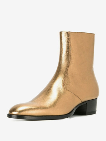メンズ チェルシーブーツ ゴールド チャンキーヒール ラウンドトゥ ファッション ハイグロス ショートブーツ