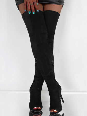 Black Over The Knee Boots Peep Toe Stiletto Heel Elastic Thigh High Boots