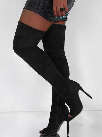 Black Black Over The Knee Boots Peep Toe Stiletto Heel Elastic Thigh High Boots