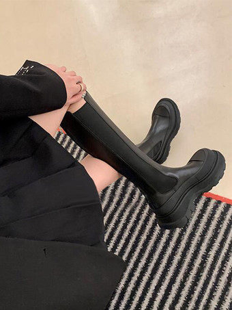 プラットフォーム ニーハイ チェルシーブーツ ブラック ラウンドトゥ ニーレングスブーツ レディース