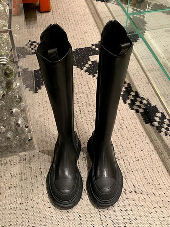プラットフォーム ニーハイ チェルシーブーツ ブラック ラウンドトゥ ニーレングスブーツ レディース