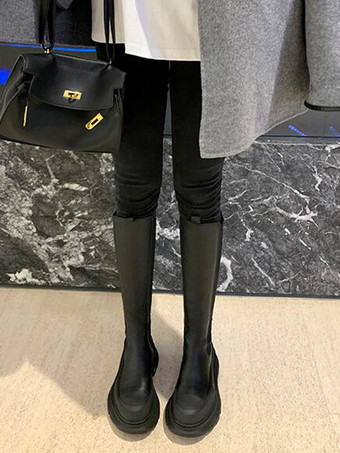 プラットフォーム ニーハイ チェルシーブーツ ブラック ラウンドトゥ ニーレングスブーツ レディース