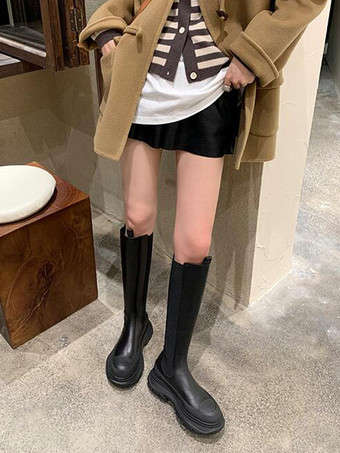 ブラック プラットフォーム ニーハイ チェルシーブーツ ブラック ラウンドトゥ ニーレングスブーツ レディース