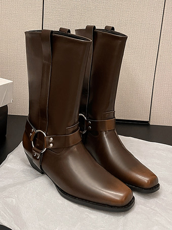 スクエアトゥ ウエスタンブーツ バックルディテール ミッドカーフブーツ