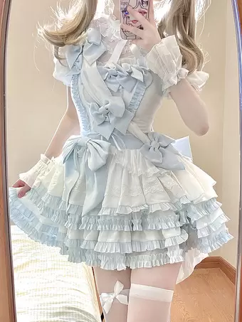 White and Pastel Blue Ruffled Lolita Dress Sweet Lolita Dress Polyester Sleeveless Lolita Lace Dress Lolitashow