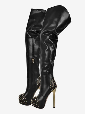 セクシーなスタッドオーバーニーブーツプラットフォームハイヒールサイハイブーツ