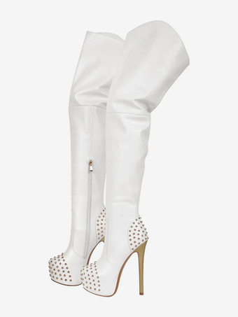 ホワイト セクシーなスタッドオーバーニーブーツプラットフォームハイヒールサイハイブーツ