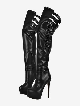 ブラック セクシーなオーバーニーブーツ プラットフォーム カットアウト バックルディテール ハイヒール サイハイブーツ プラスサイズ