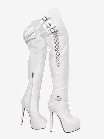 セクシーなオーバーニーブーツ プラットフォーム カットアウト バックルディテール ハイヒール サイハイブーツ プラスサイズ