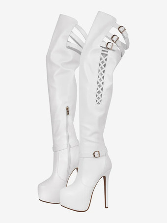 ホワイト セクシーなオーバーニーブーツ プラットフォーム カットアウト バックルディテール ハイヒール サイハイブーツ プラスサイズ