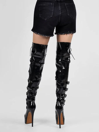 セクシーなプラットフォームオーバーニーブーツ、バックルディテール、スティレットヒール、サイハイブーツ