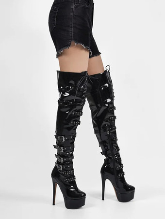 セクシーなプラットフォームオーバーニーブーツ、バックルディテール、スティレットヒール、サイハイブーツ