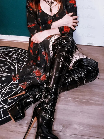 セクシーなプラットフォームオーバーニーブーツ、バックルディテール、スティレットヒール、サイハイブーツ