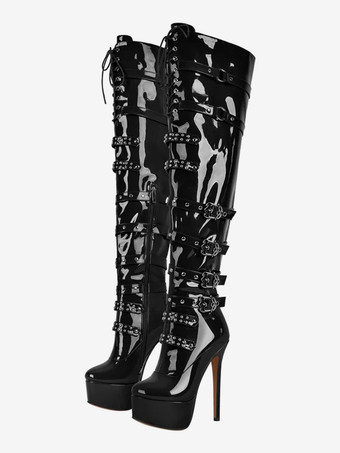 ブラック セクシーなプラットフォームオーバーニーブーツ、バックルディテール、スティレットヒール、サイハイブーツ