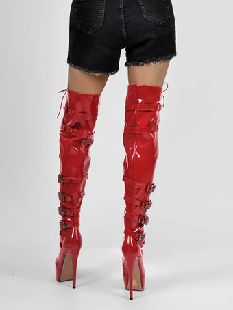 セクシーなプラットフォームオーバーニーブーツ、バックルディテール、スティレットヒール、サイハイブーツ