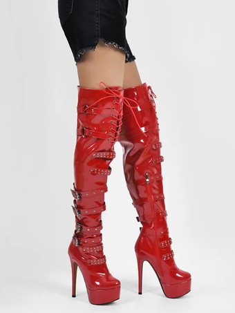 セクシーなプラットフォームオーバーニーブーツ、バックルディテール、スティレットヒール、サイハイブーツ