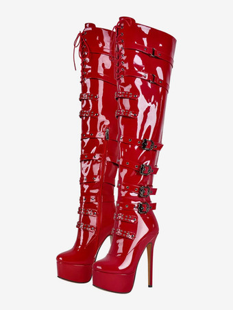 レッドセクシーなプラットフォームオーバーニーブーツ、バックルディテール、スティレットヒール、サイハイブーツ
