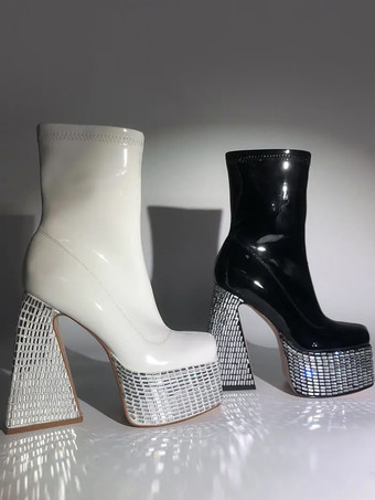 ブラック ラインストーン アンクルブーツ プラットフォーム ラウンドトゥ チャンキーヒール ブーティ