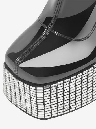 ブラック ラインストーン アンクルブーツ プラットフォーム ラウンドトゥ チャンキーヒール ブーティ