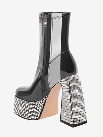 ブラック ラインストーン アンクルブーツ プラットフォーム ラウンドトゥ チャンキーヒール ブーティ